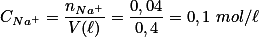 C_{Na^+}=\frac{n_{Na^+}}{V(\ell)}=\frac{0,04}{0,4}=0,1 \ mol/\ell